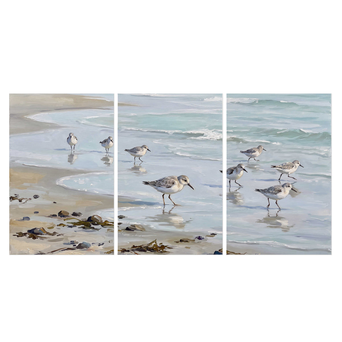 Small shorebirds standing along a pale blue shoreline set of 3 poster prints viewed straight on