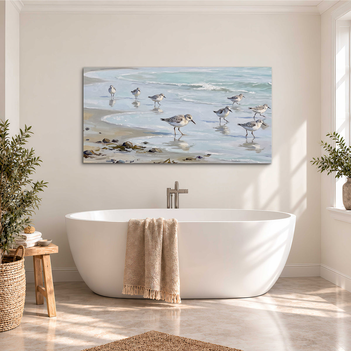Small shorebirds standing along a pale blue shoreline single canvas wall art styled in an interior