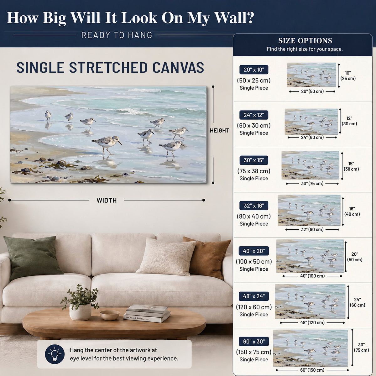 Small shorebirds standing along a pale blue shoreline single canvas wall art size guide above a sofa; room view is illustrative