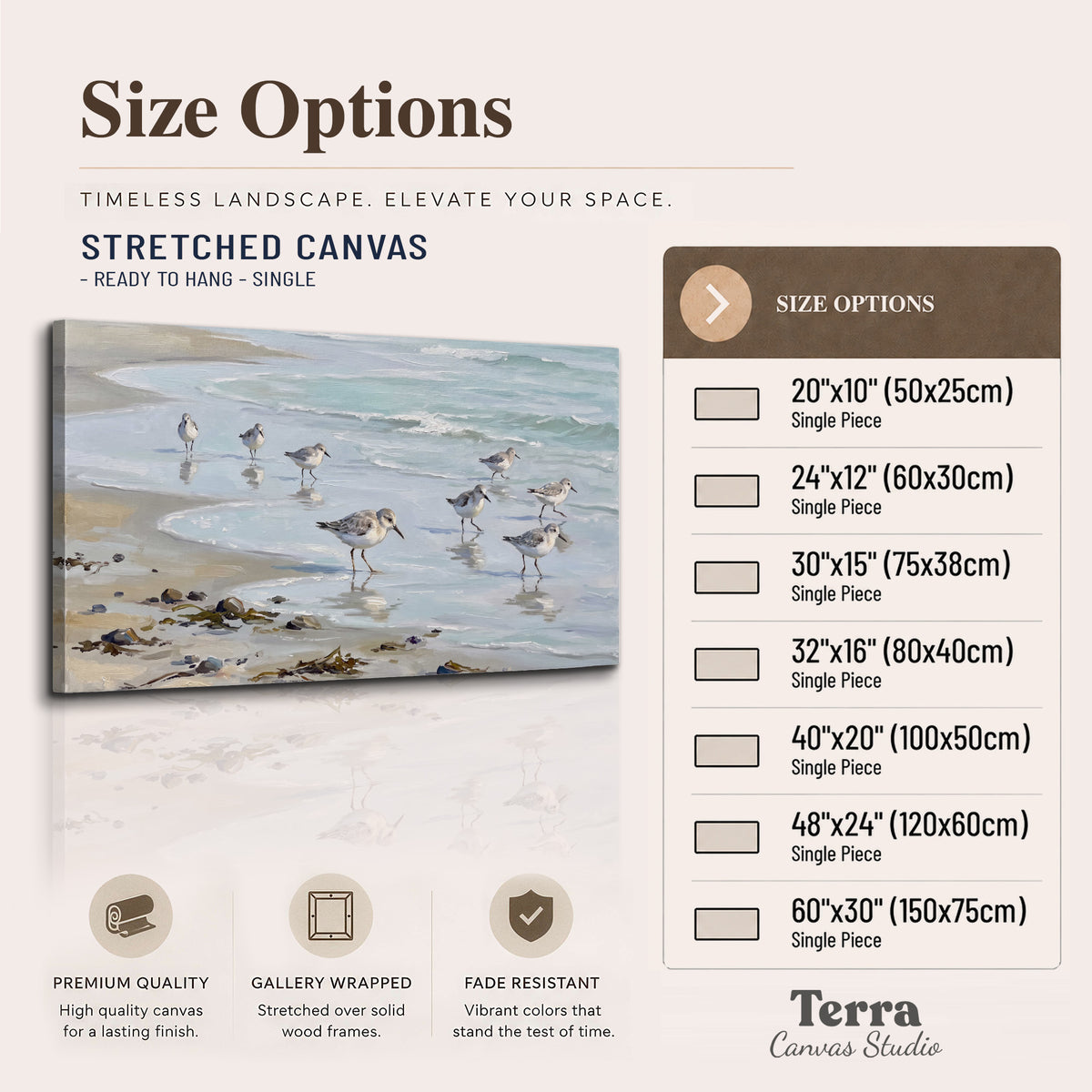 Small shorebirds standing along a pale blue shoreline single canvas wall art available dimensions