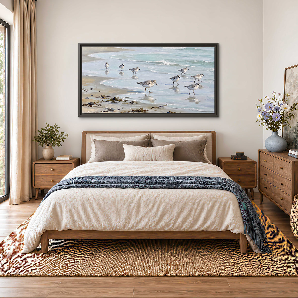Small shorebirds standing along a pale blue shoreline single framed canvas wall art styled in an interior
