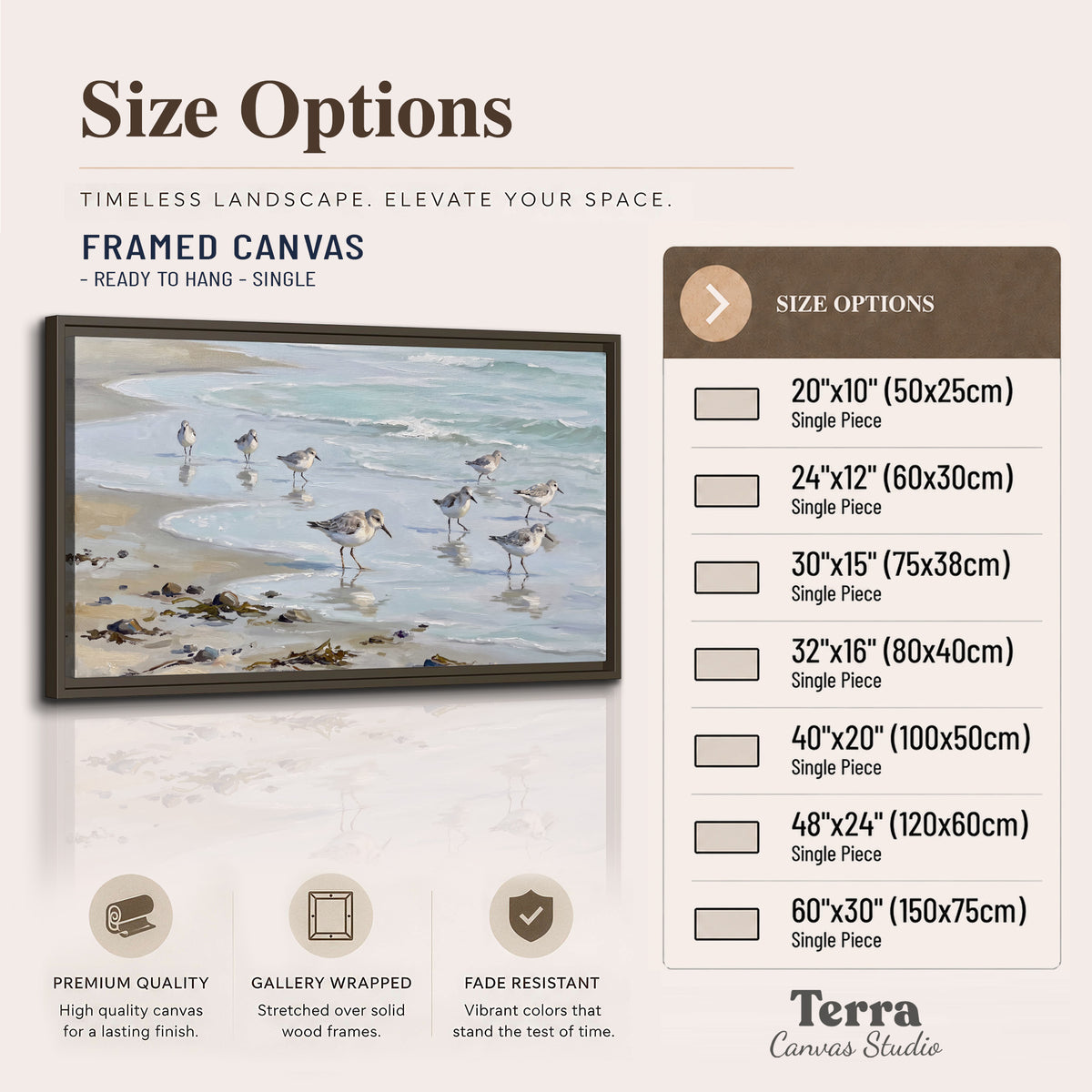 Small shorebirds standing along a pale blue shoreline single framed canvas wall art available dimensions