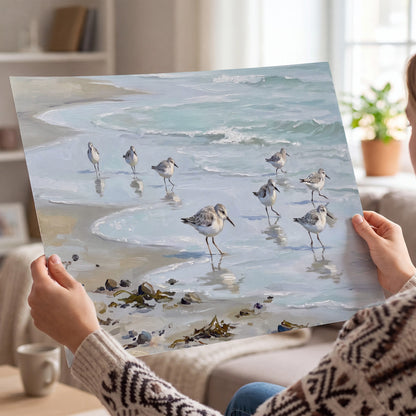 Small shorebirds standing along a pale blue shoreline single poster print held in hands