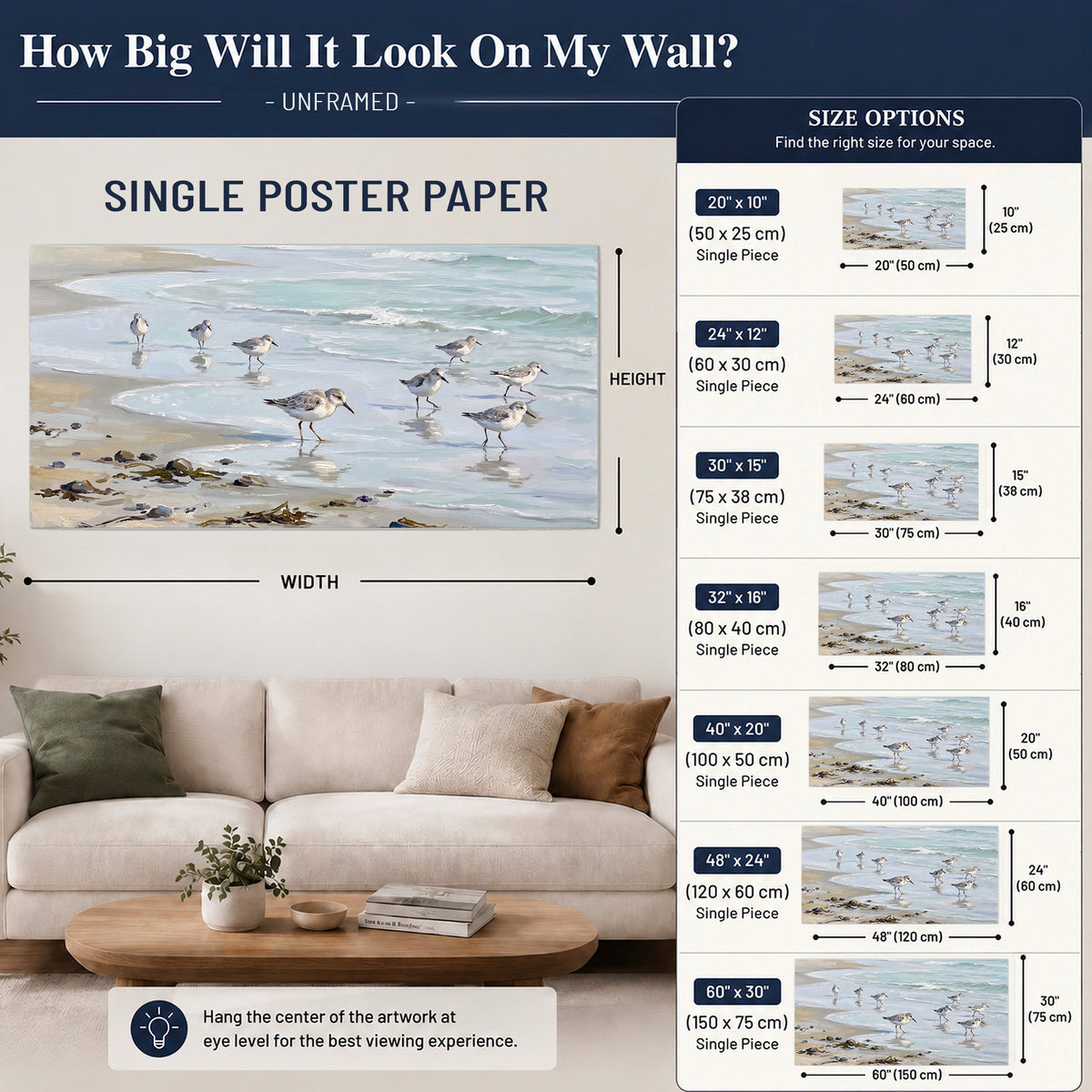 Small shorebirds standing along a pale blue shoreline single poster print size guide above a sofa; room view is illustrative