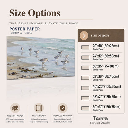 Small shorebirds standing along a pale blue shoreline single poster print available dimensions