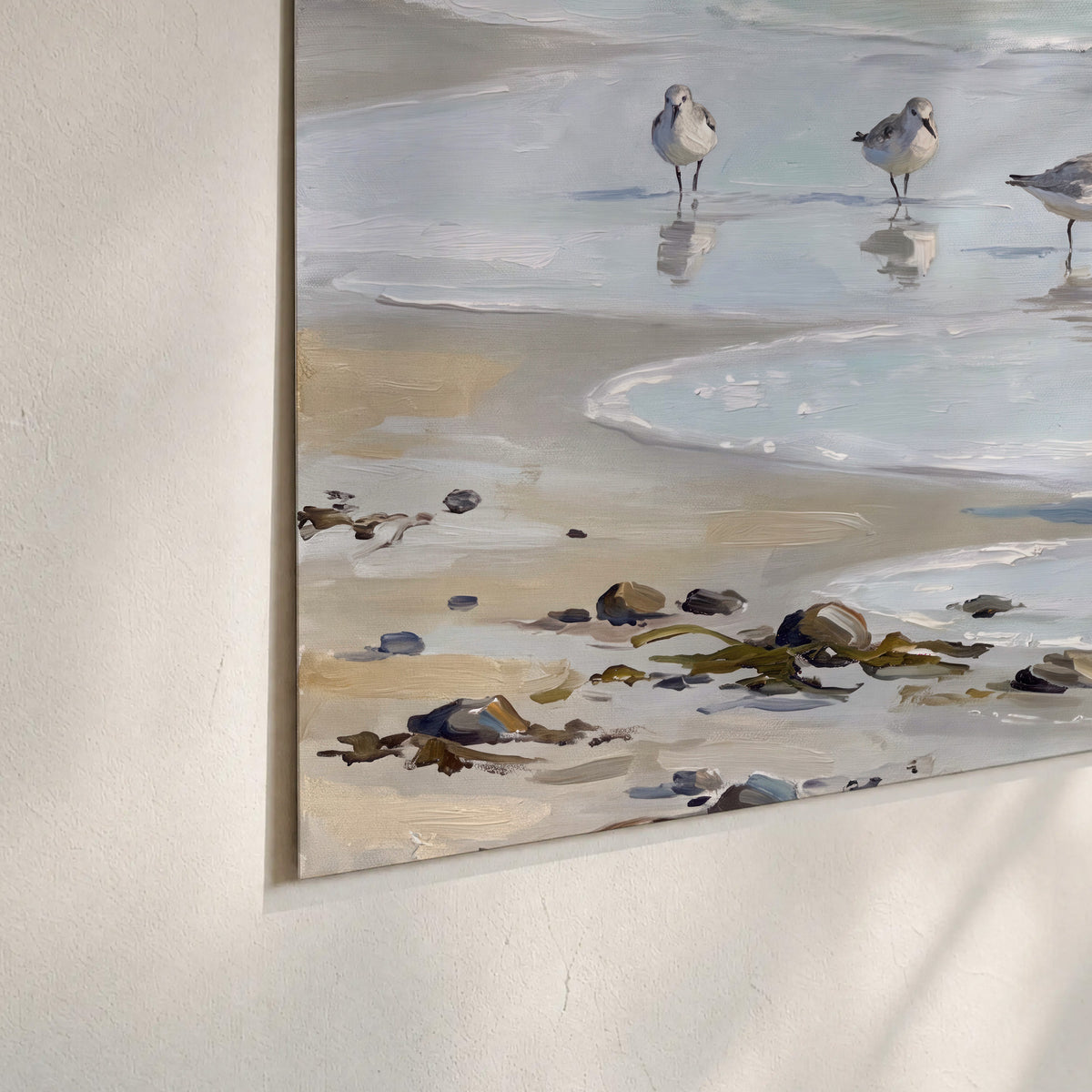 Small shorebirds standing along a pale blue shoreline set of 3 poster prints material and edge close up