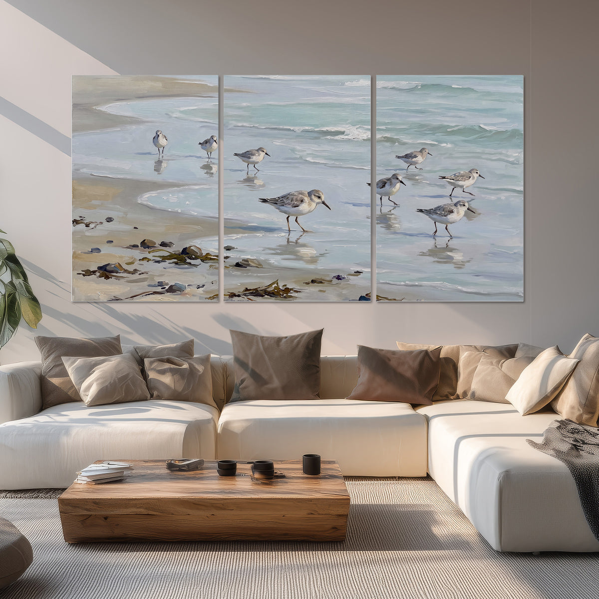 Small shorebirds standing along a pale blue shoreline set of 3 poster prints displayed in a living room