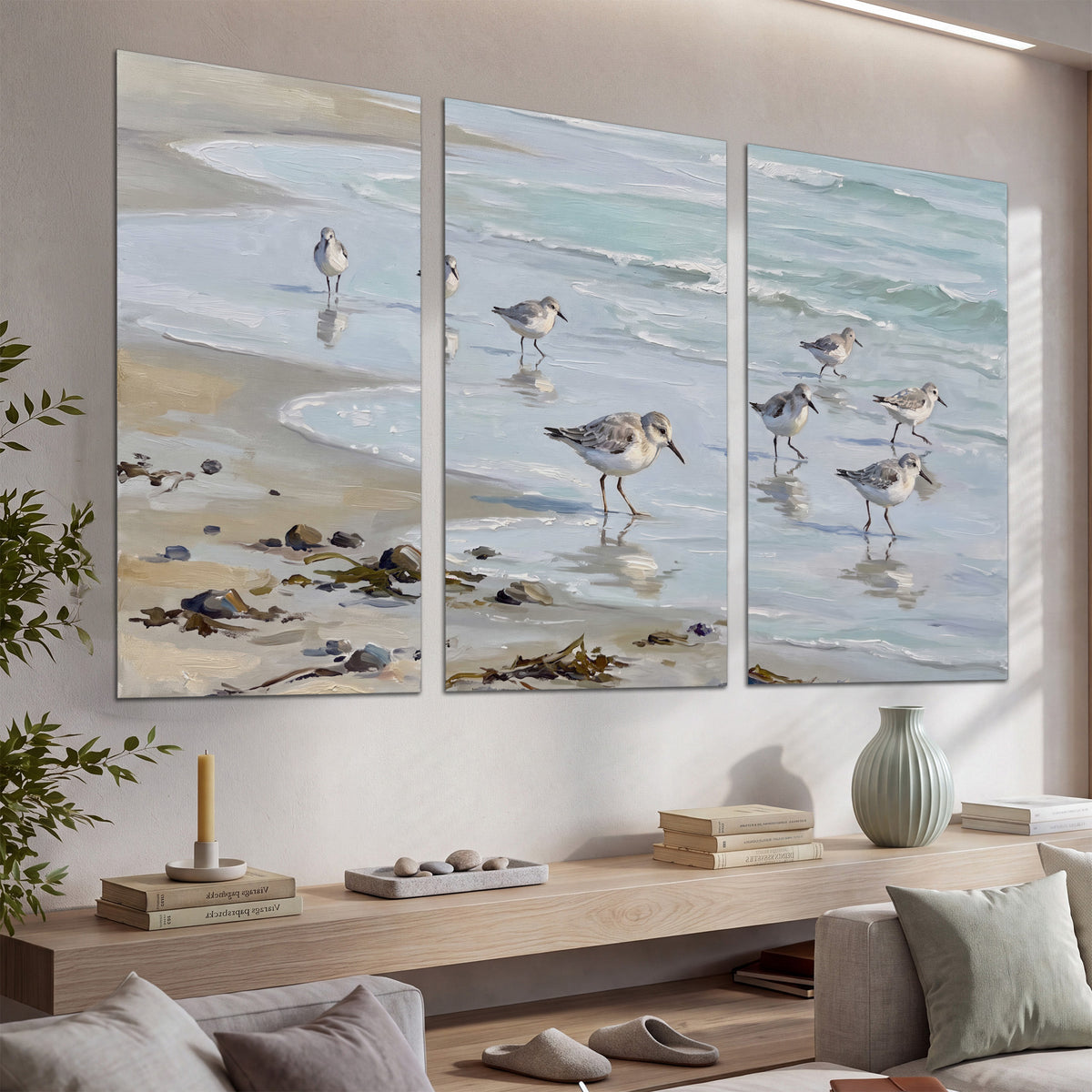 Small shorebirds standing along a pale blue shoreline set of 3 poster prints displayed in a console