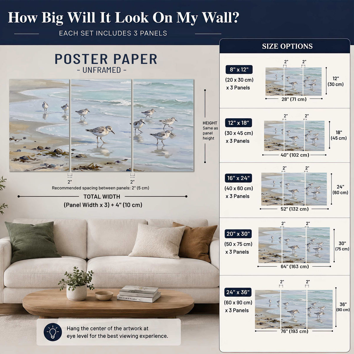 Small shorebirds standing along a pale blue shoreline set of 3 poster prints size guide above a sofa; room view is illustrative