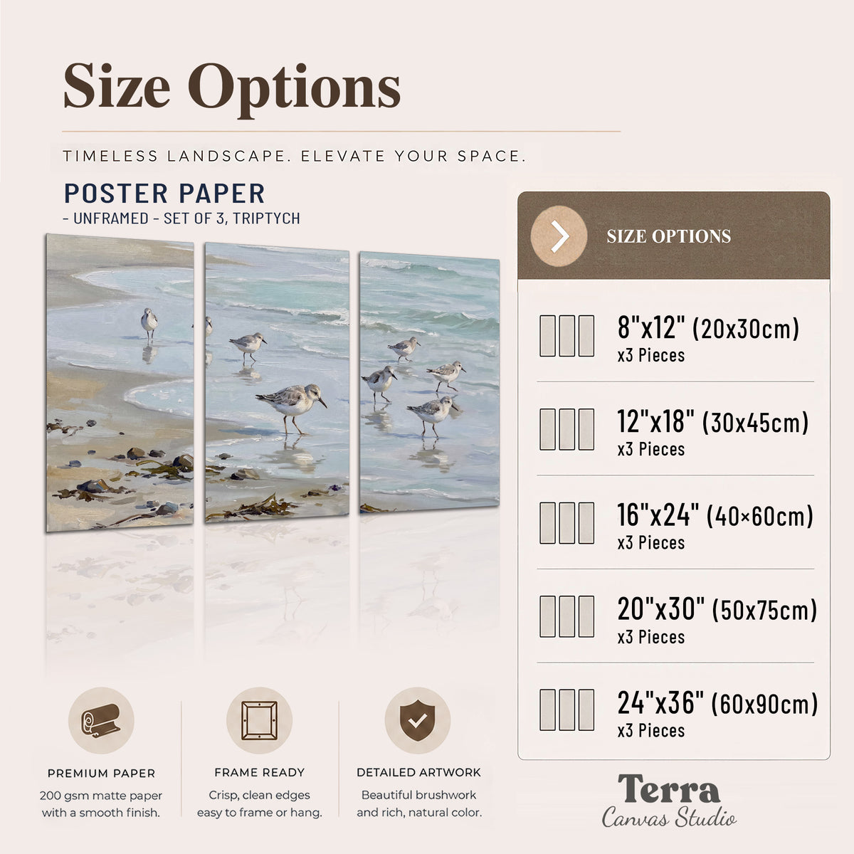 Small shorebirds standing along a pale blue shoreline set of 3 poster prints available dimensions; triptych dimensions are per panel