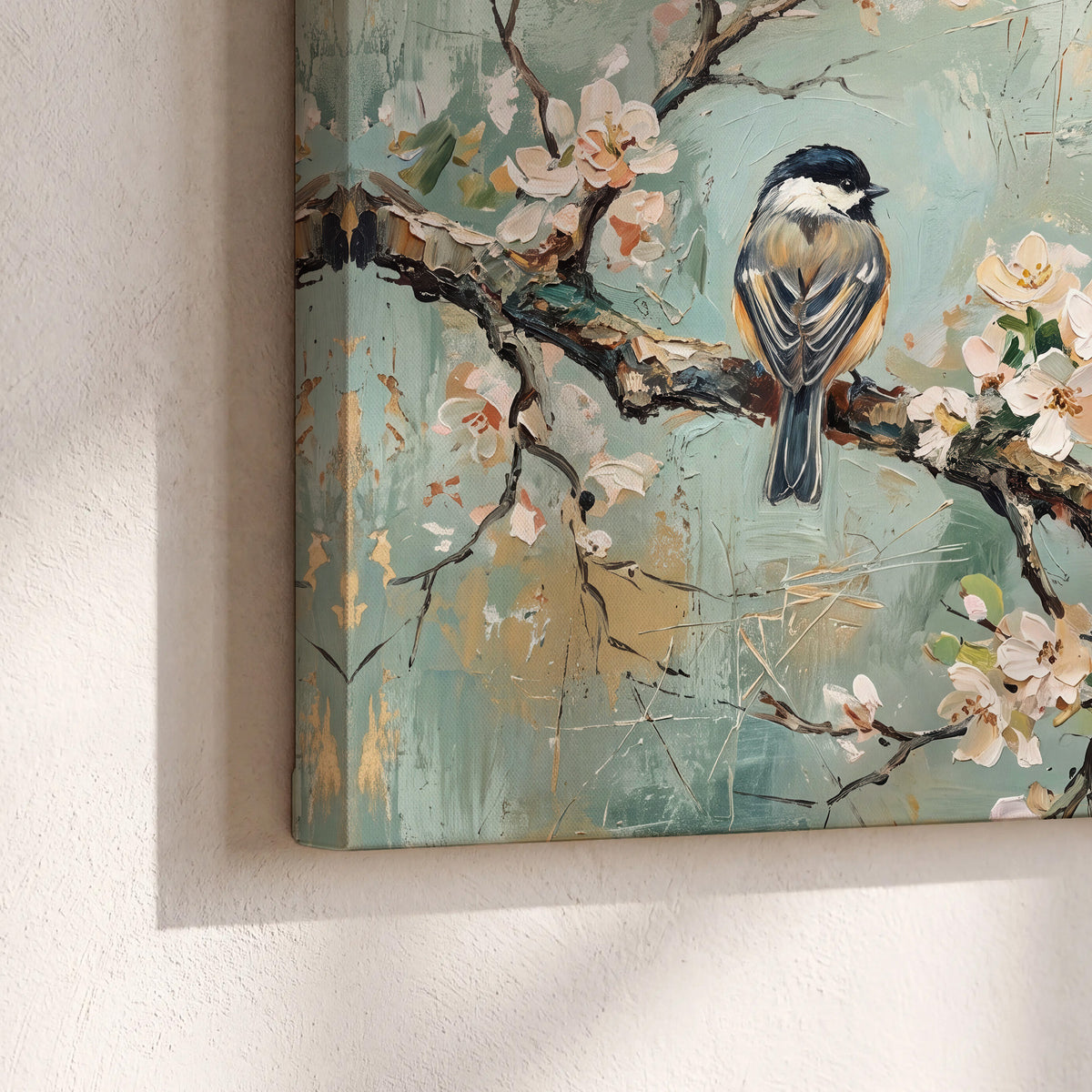 Small colorful songbirds perched among pale blossoms on soft aqua 3 piece canvas wall art material and edge close up