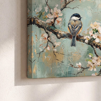 Small colorful songbirds perched among pale blossoms on soft aqua 3 piece canvas wall art material and edge close up