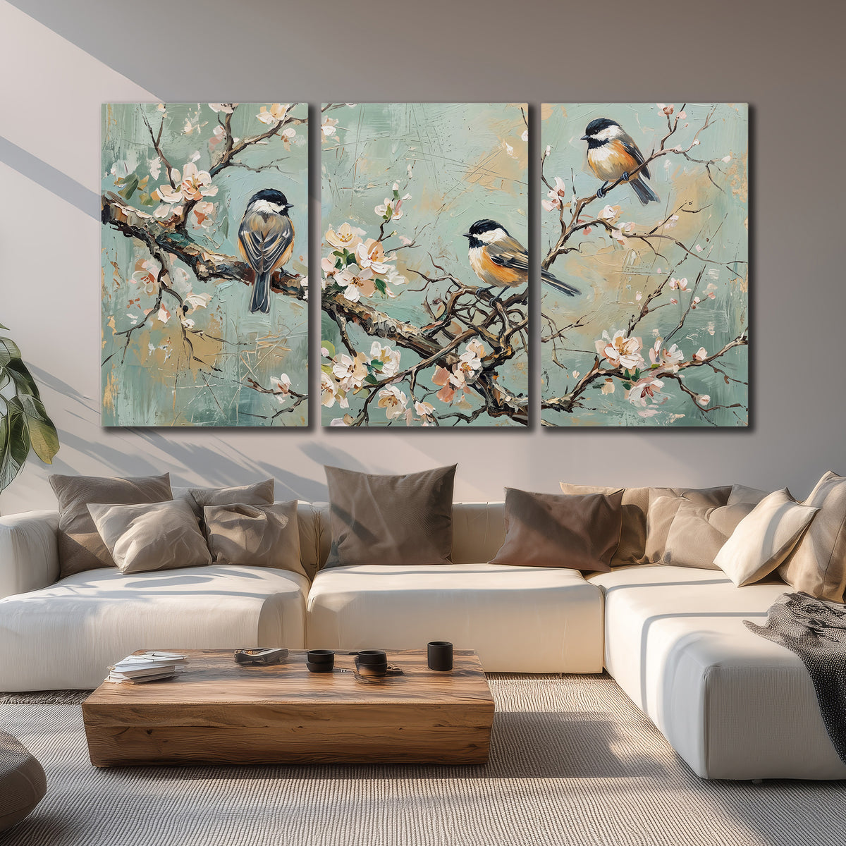 Small colorful songbirds perched among pale blossoms on soft aqua 3 piece canvas wall art displayed in a living room