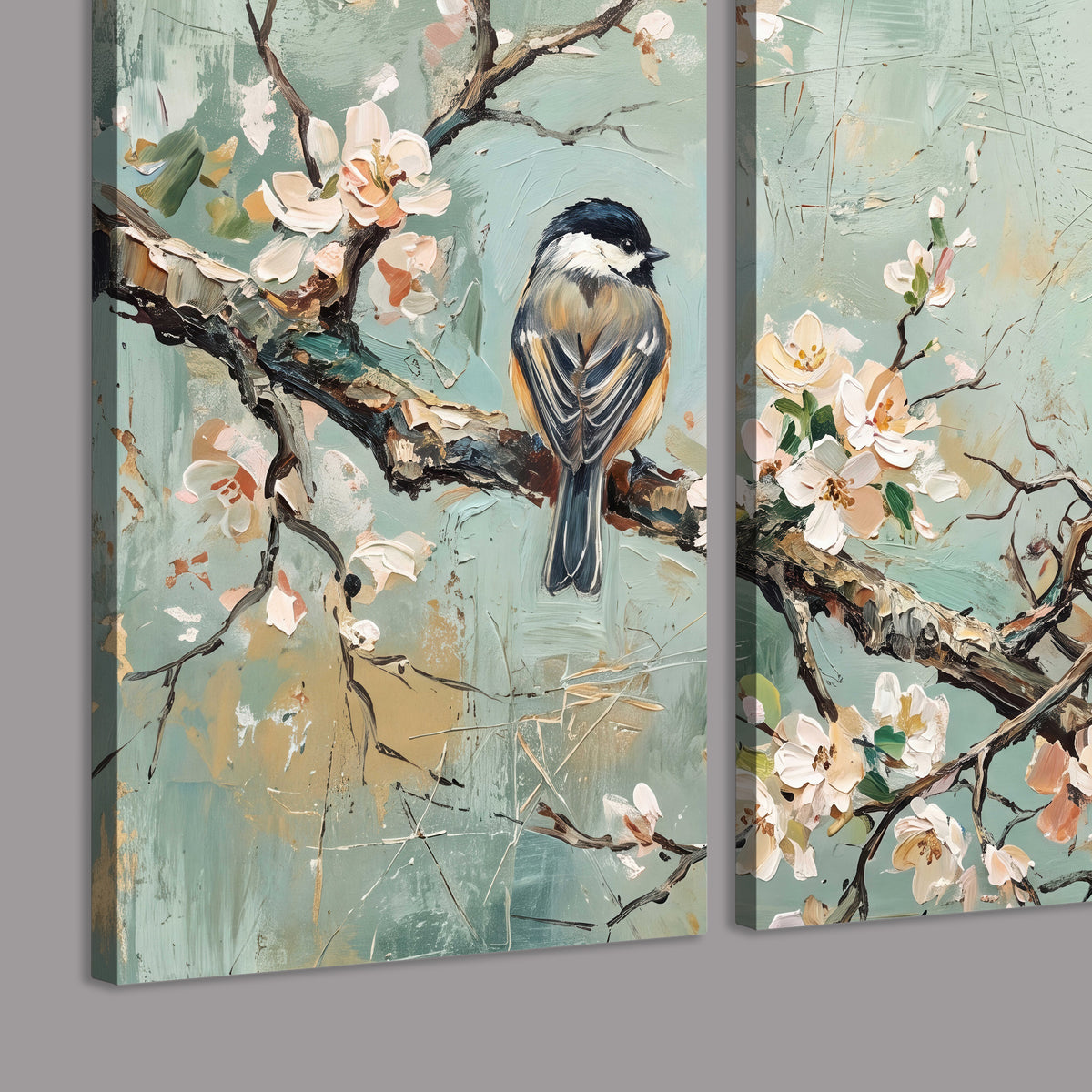 Small colorful songbirds perched among pale blossoms on soft aqua 3 piece canvas wall art room and product view
