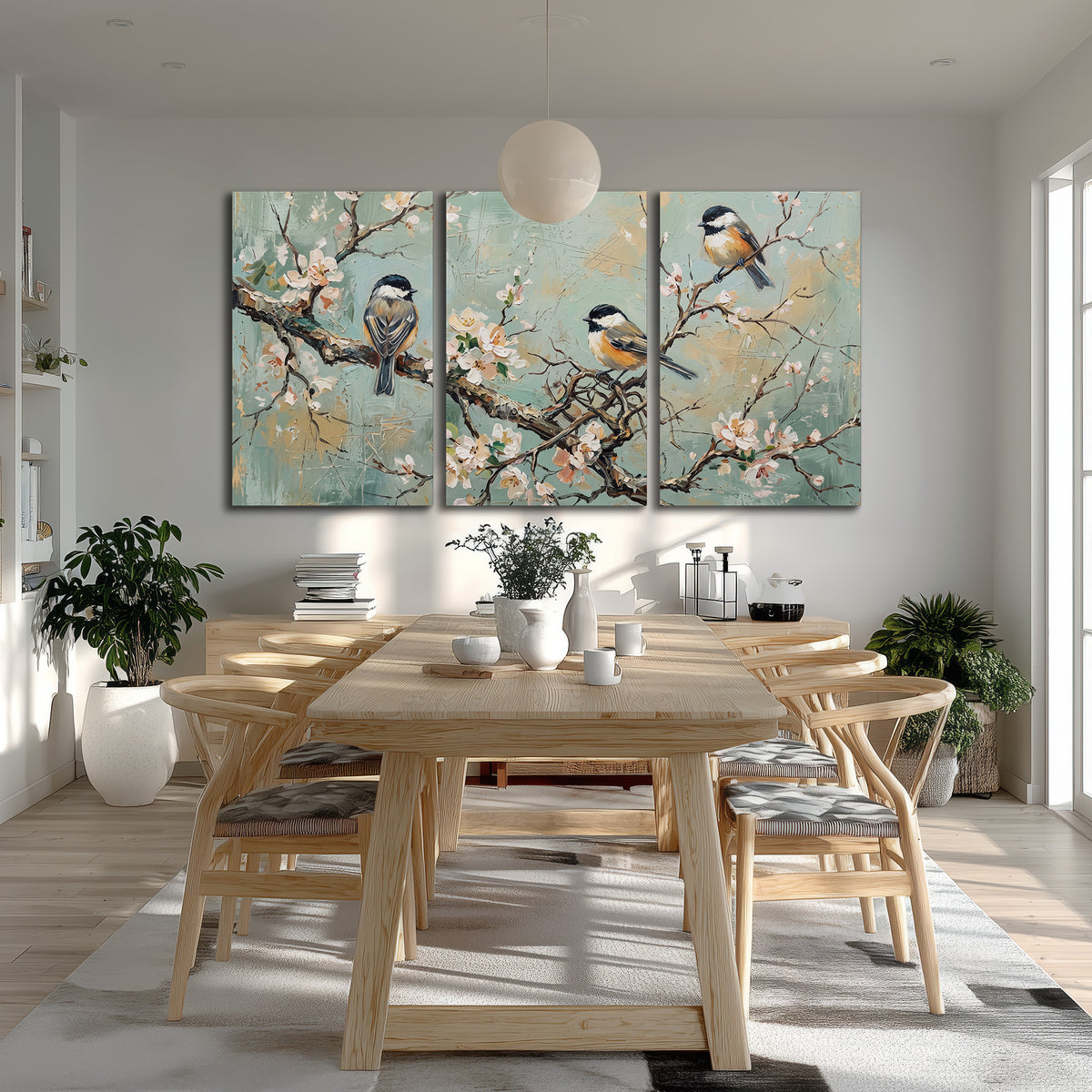 Small colorful songbirds perched among pale blossoms on soft aqua 3 piece canvas wall art room and product view