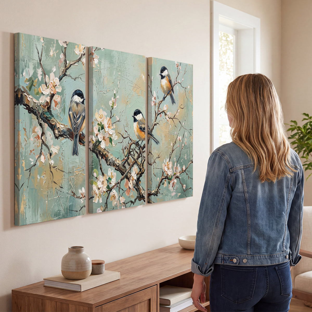 Small colorful songbirds perched among pale blossoms on soft aqua 3 piece canvas wall art three panel arrangement on a wall