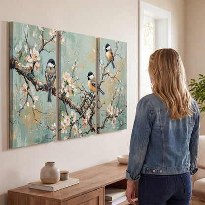 Small colorful songbirds perched among pale blossoms on soft aqua 3 piece canvas wall art three panel arrangement on a wall