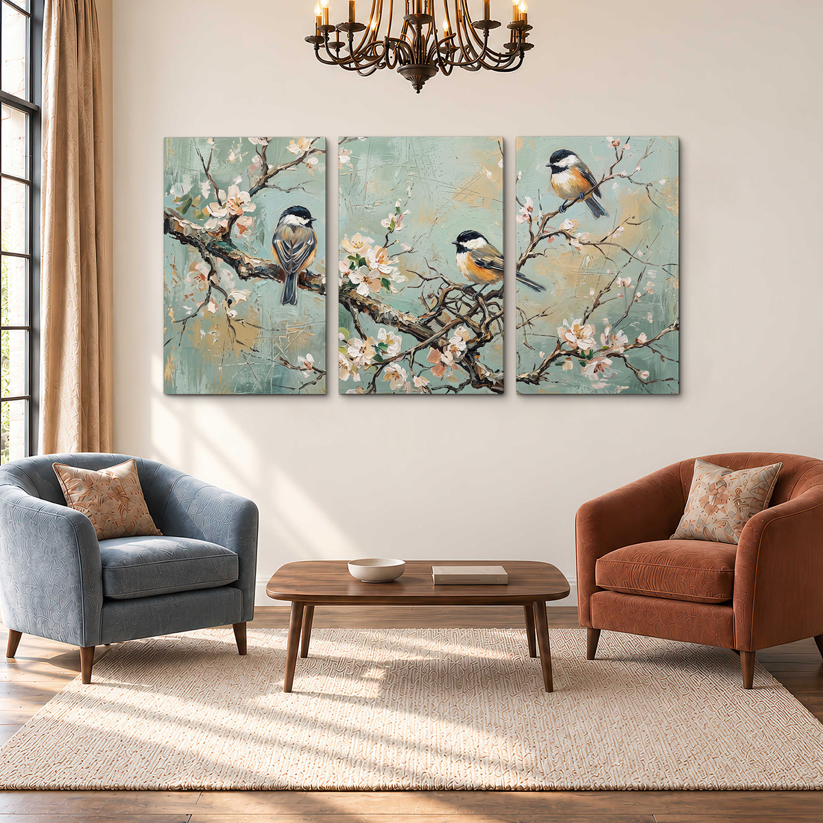 Small colorful songbirds perched among pale blossoms on soft aqua 3 piece canvas wall art styled in an interior