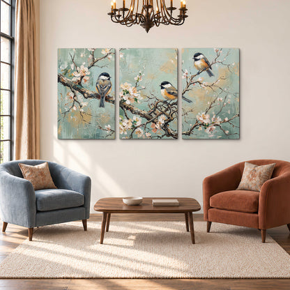 Small colorful songbirds perched among pale blossoms on soft aqua 3 piece canvas wall art styled in an interior