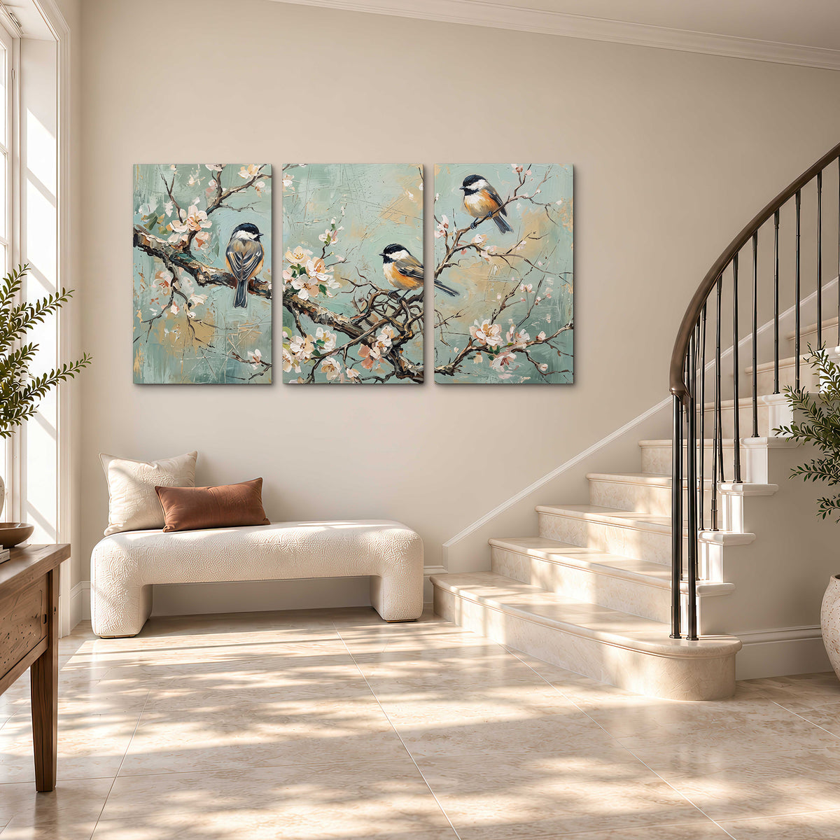 Small colorful songbirds perched among pale blossoms on soft aqua 3 piece canvas wall art styled in an interior