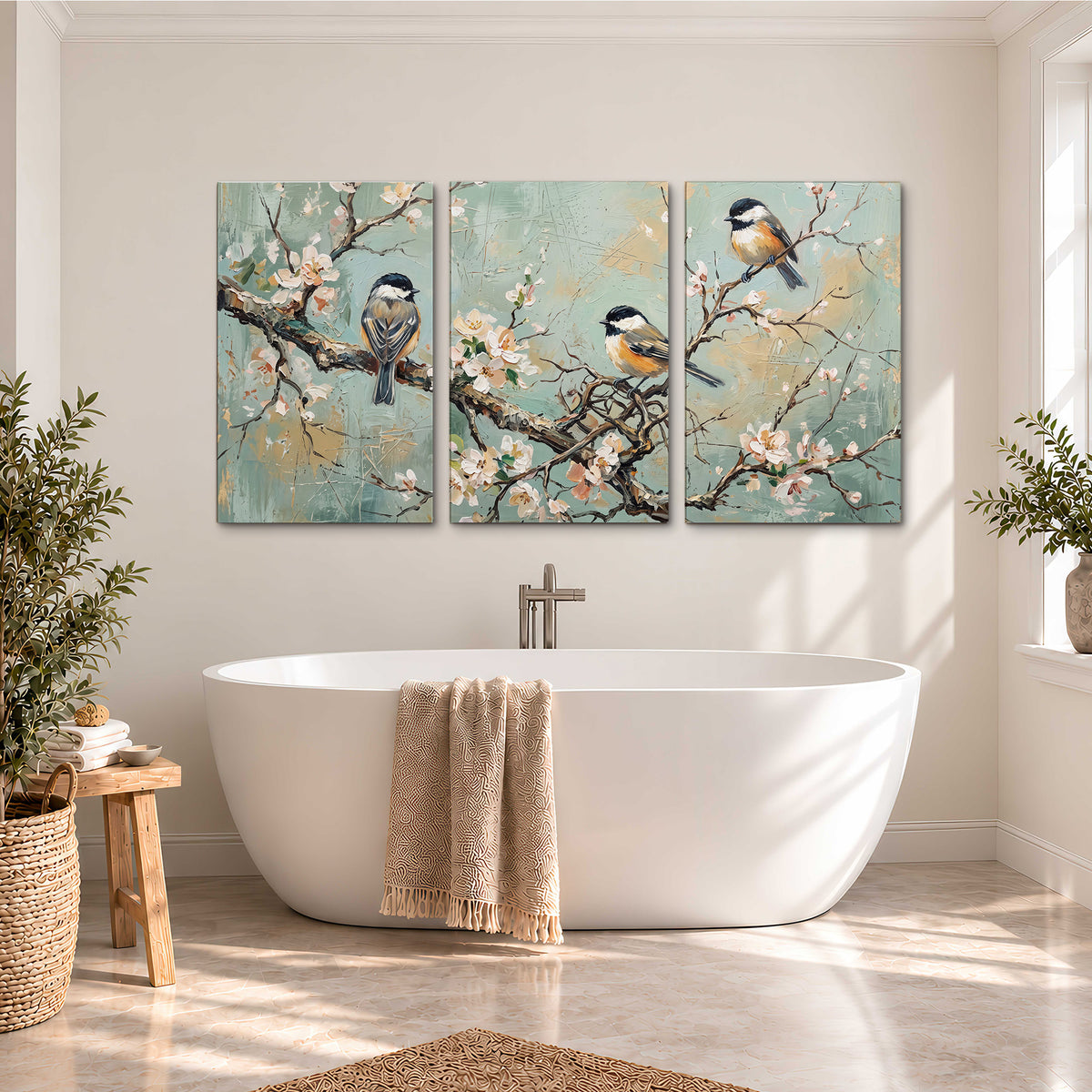 Small colorful songbirds perched among pale blossoms on soft aqua 3 piece canvas wall art styled in an interior