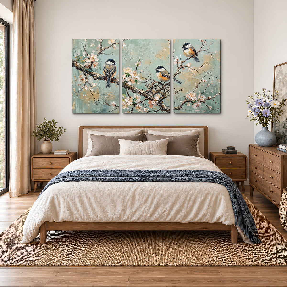 Small colorful songbirds perched among pale blossoms on soft aqua 3 piece canvas wall art styled in an interior