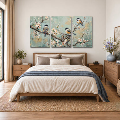 Small colorful songbirds perched among pale blossoms on soft aqua 3 piece canvas wall art styled in an interior