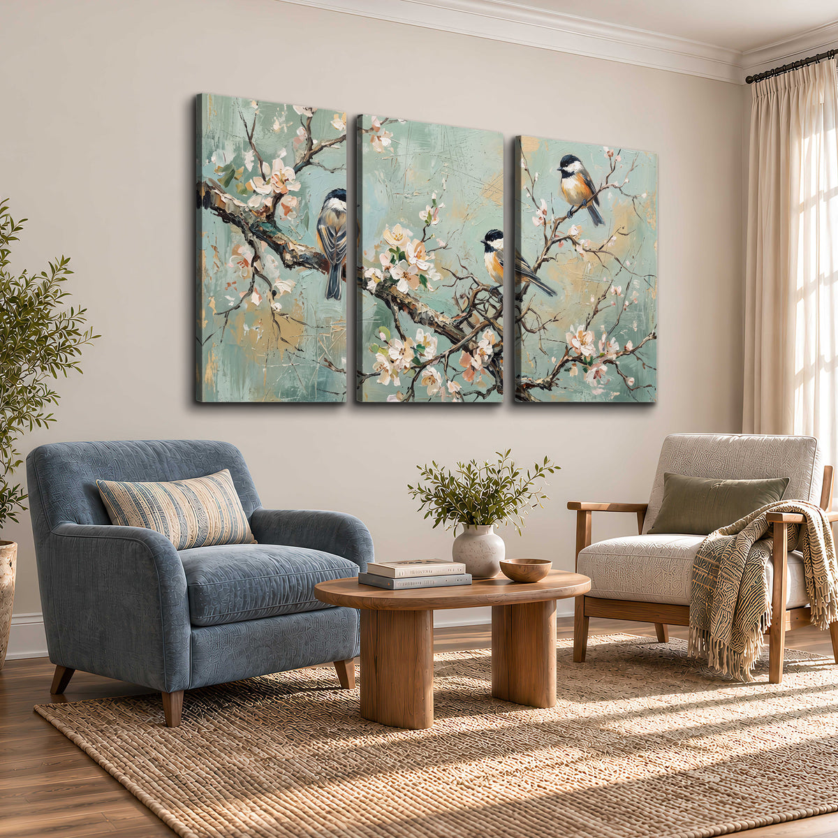 Small colorful songbirds perched among pale blossoms on soft aqua 3 piece canvas wall art styled in an interior