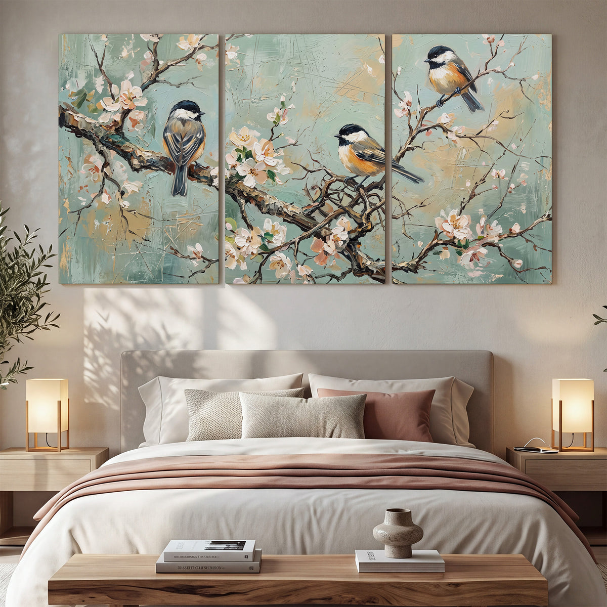 Small colorful songbirds perched among pale blossoms on soft aqua 3 piece canvas wall art displayed in a bedroom