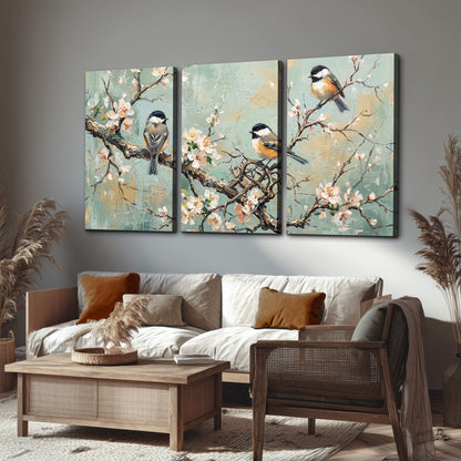 Small colorful songbirds perched among pale blossoms on soft aqua 3 piece canvas wall art displayed in a rustic living room