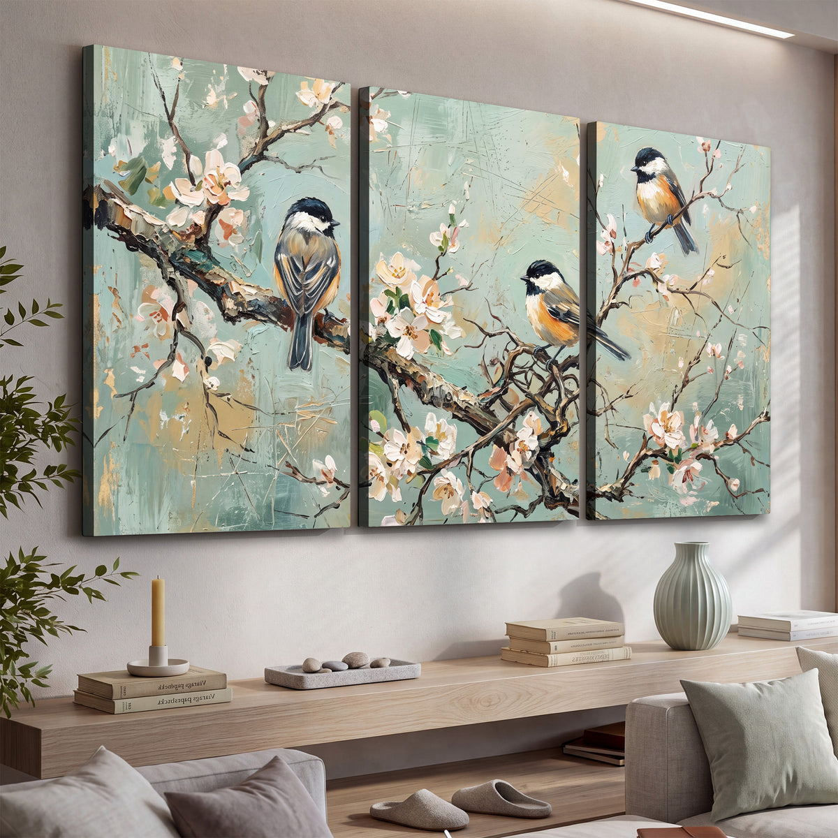 Small colorful songbirds perched among pale blossoms on soft aqua 3 piece canvas wall art displayed in a console