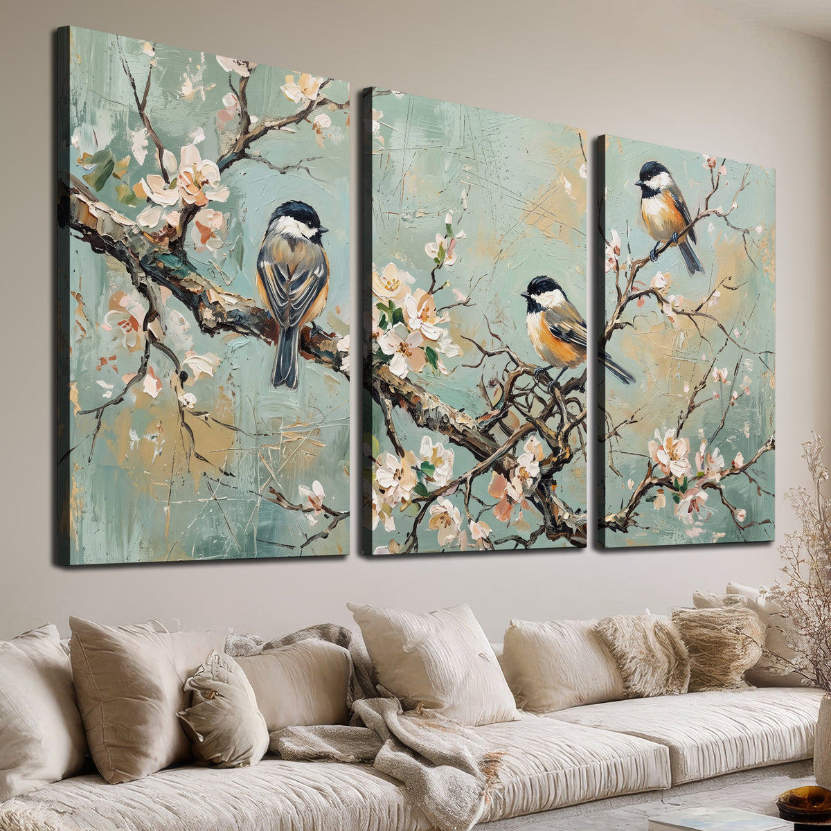Small colorful songbirds perched among pale blossoms on soft aqua 3 piece canvas wall art room and product view