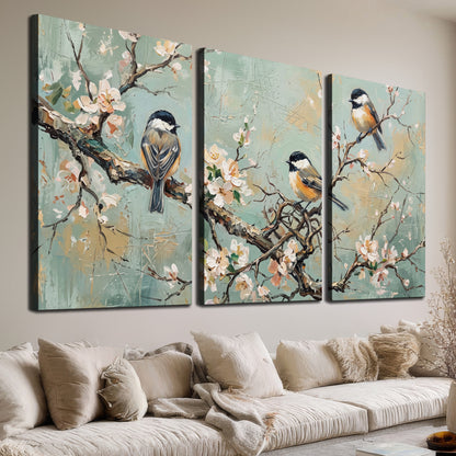 Small colorful songbirds perched among pale blossoms on soft aqua 3 piece canvas wall art room and product view