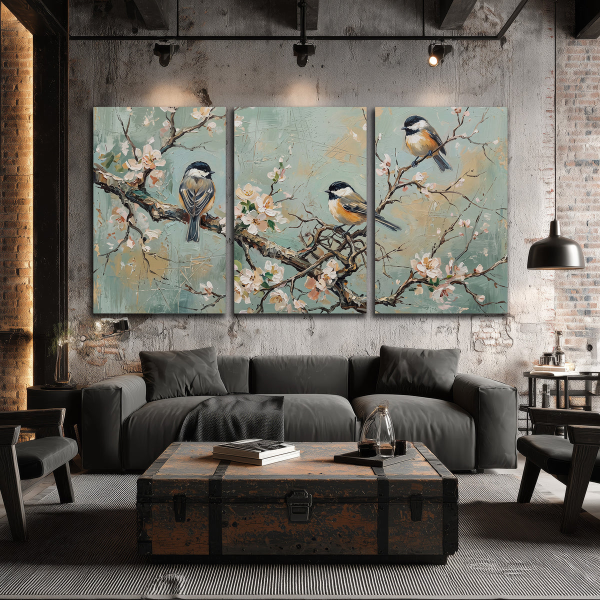 Small colorful songbirds perched among pale blossoms on soft aqua 3 piece canvas wall art displayed in a industrial room