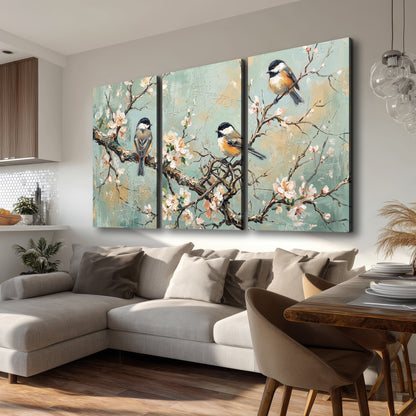 Small colorful songbirds perched among pale blossoms on soft aqua 3 piece canvas wall art room and product view