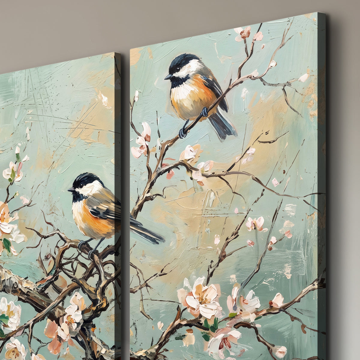 Small colorful songbirds perched among pale blossoms on soft aqua 3 piece canvas wall art room and product view