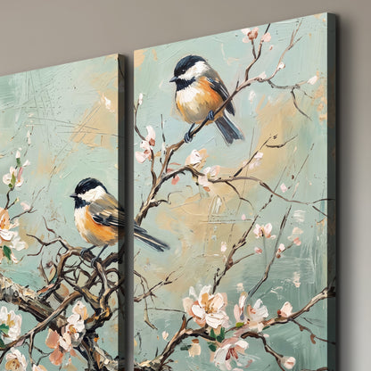 Small colorful songbirds perched among pale blossoms on soft aqua 3 piece canvas wall art room and product view