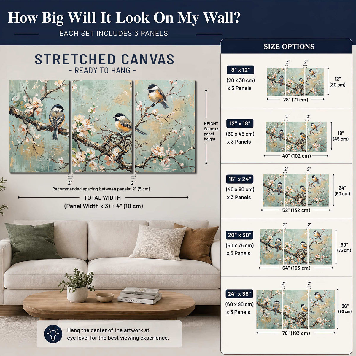 Small colorful songbirds perched among pale blossoms on soft aqua 3 piece canvas wall art size guide above a sofa; room view is illustrative