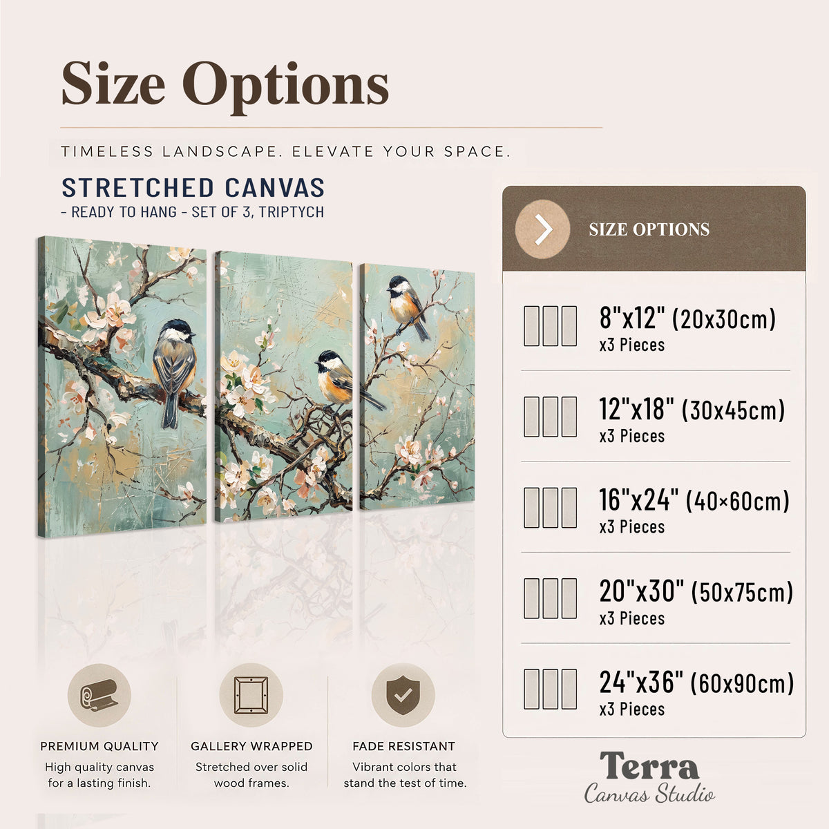 Small colorful songbirds perched among pale blossoms on soft aqua 3 piece canvas wall art available dimensions; triptych dimensions are per panel