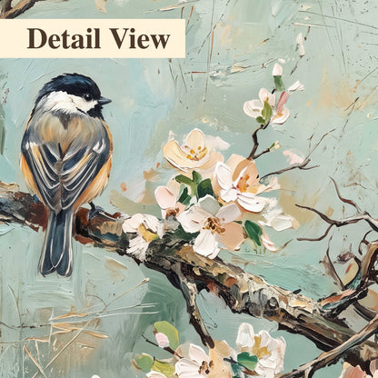 Small colorful songbirds perched among pale blossoms on soft aqua 3 piece canvas wall art artwork detail close up