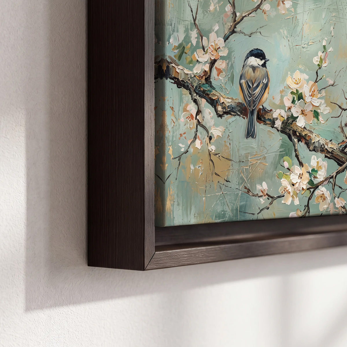 Small colorful songbirds perched among pale blossoms on soft aqua 3 piece framed canvas wall art material and edge close up