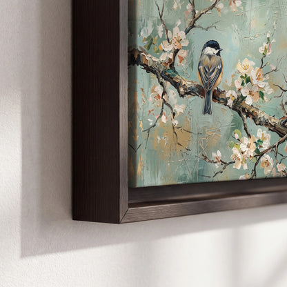 Small colorful songbirds perched among pale blossoms on soft aqua 3 piece framed canvas wall art material and edge close up