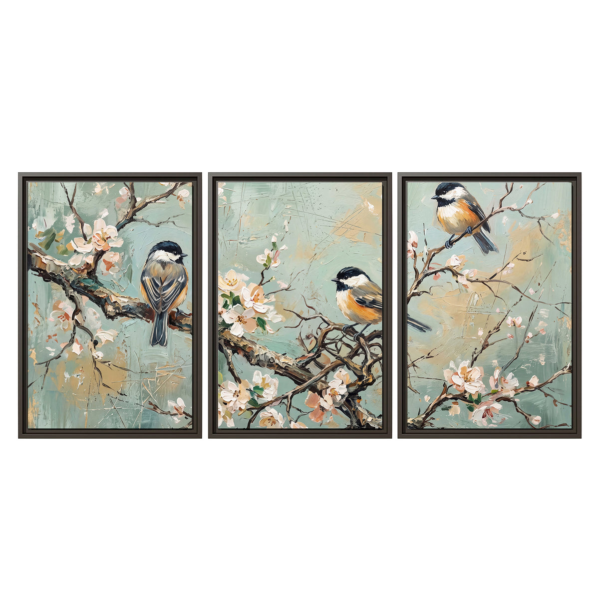 Small colorful songbirds perched among pale blossoms on soft aqua 3 piece framed canvas wall art viewed straight on