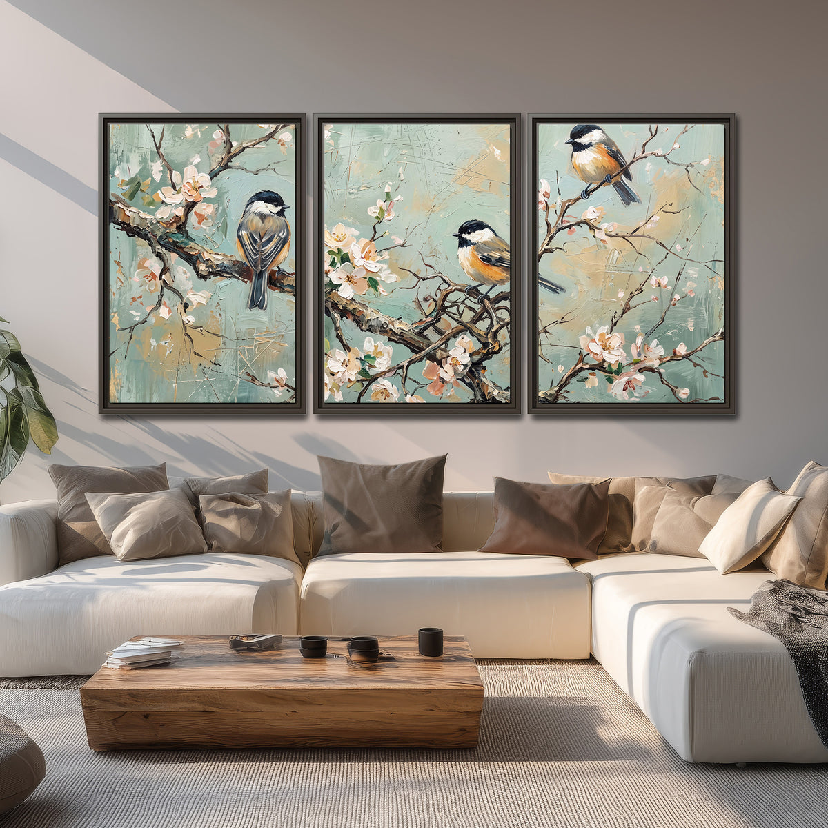 Small colorful songbirds perched among pale blossoms on soft aqua 3 piece framed canvas wall art displayed in a living room