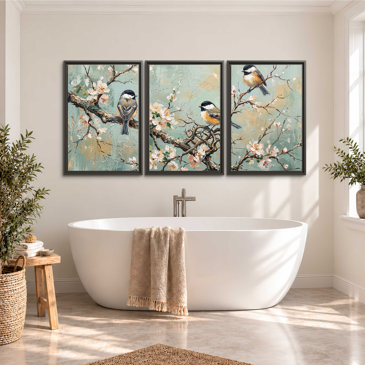Small colorful songbirds perched among pale blossoms on soft aqua 3 piece framed canvas wall art styled in an interior