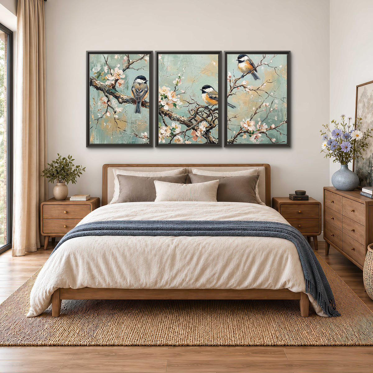 Small colorful songbirds perched among pale blossoms on soft aqua 3 piece framed canvas wall art styled in an interior