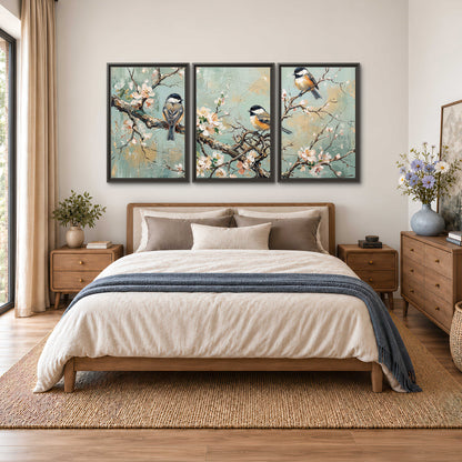 Small colorful songbirds perched among pale blossoms on soft aqua 3 piece framed canvas wall art styled in an interior