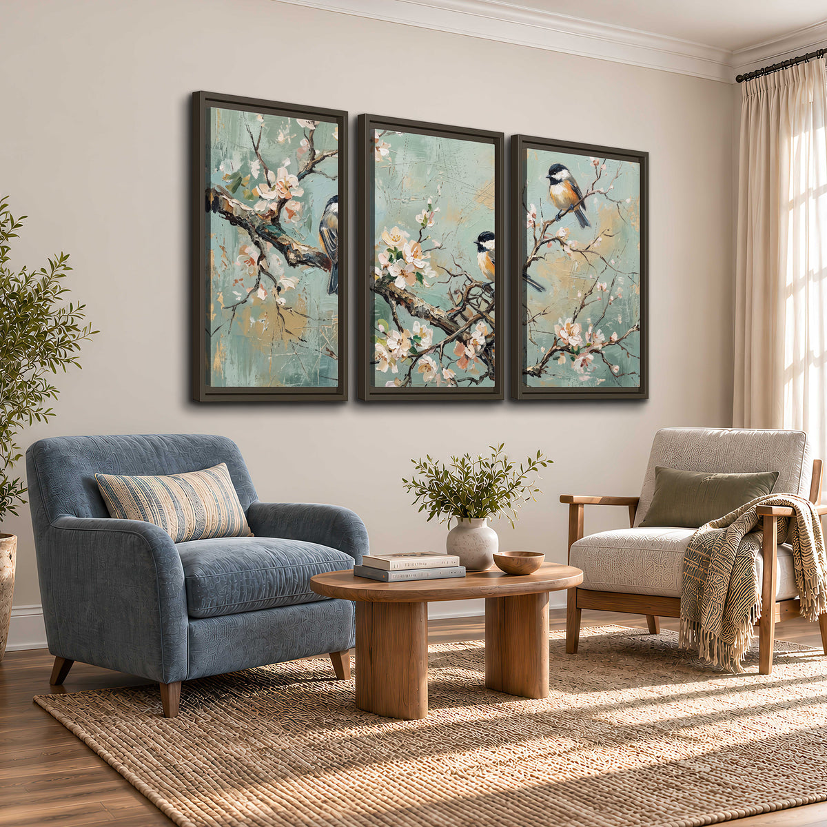 Small colorful songbirds perched among pale blossoms on soft aqua 3 piece framed canvas wall art styled in an interior