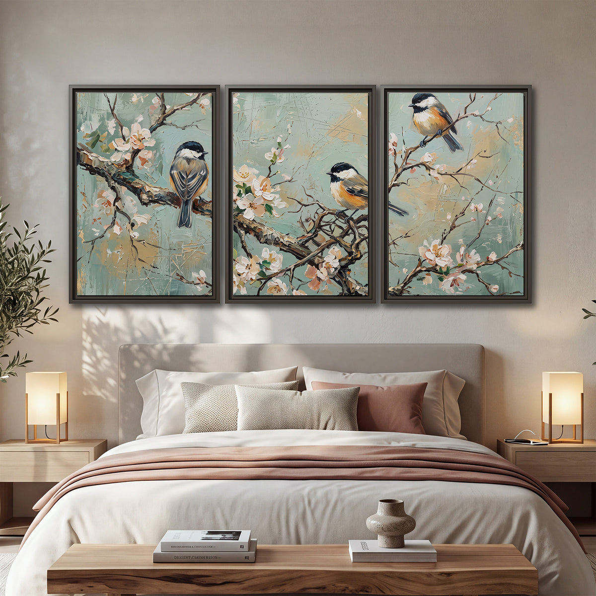 Small colorful songbirds perched among pale blossoms on soft aqua 3 piece framed canvas wall art displayed in a bedroom
