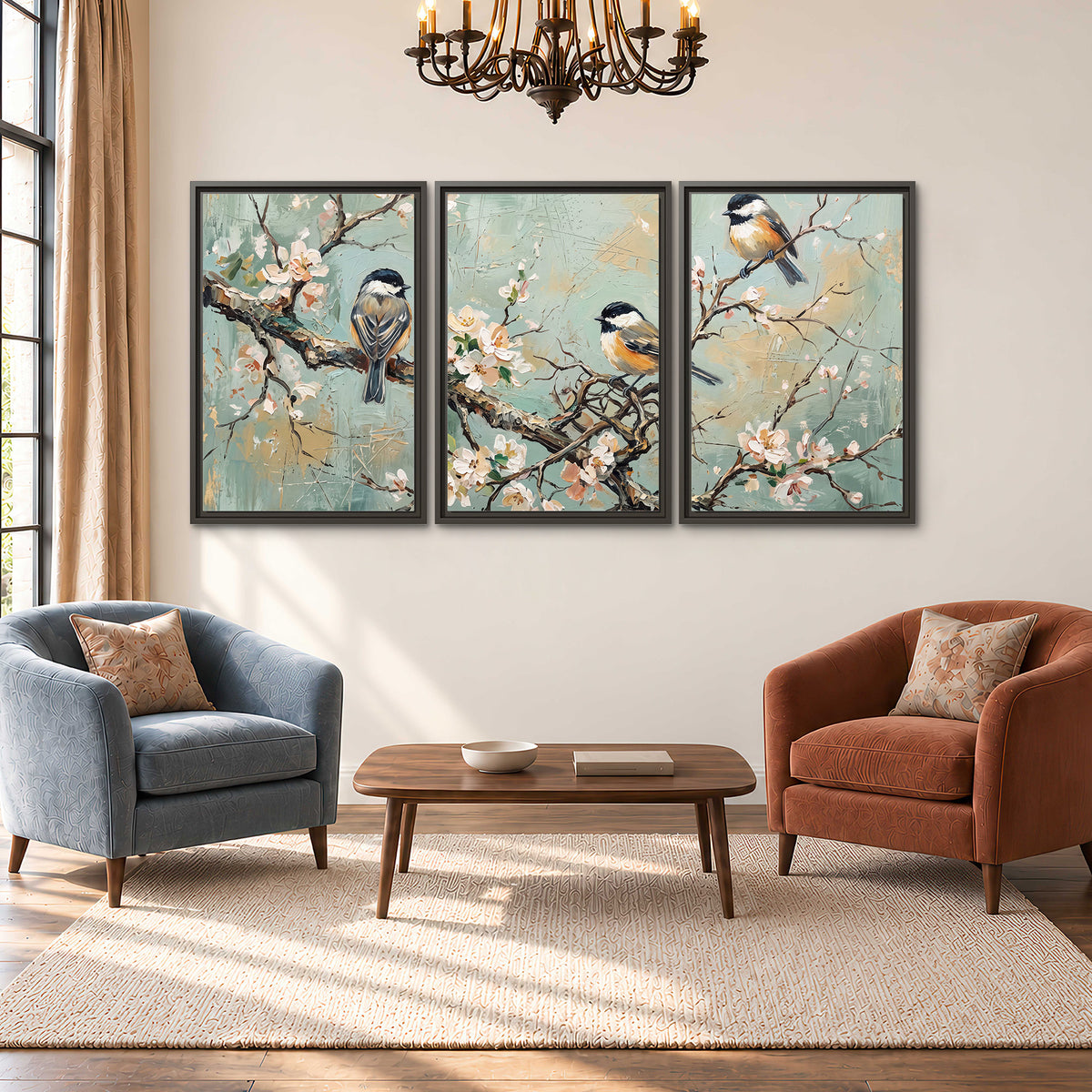 Small colorful songbirds perched among pale blossoms on soft aqua 3 piece framed canvas wall art styled in an interior